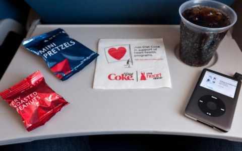 Tray table with Delta Air Lines snacks